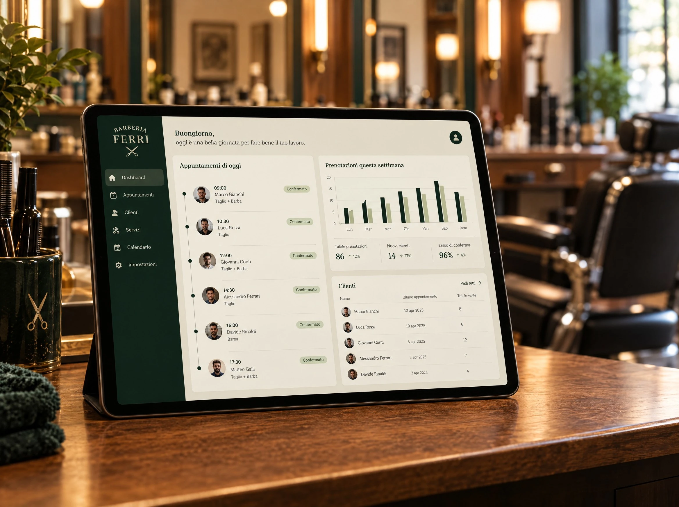Il pannello della barberia su un tablet, con gli appuntamenti di oggi e il grafico delle prenotazioni