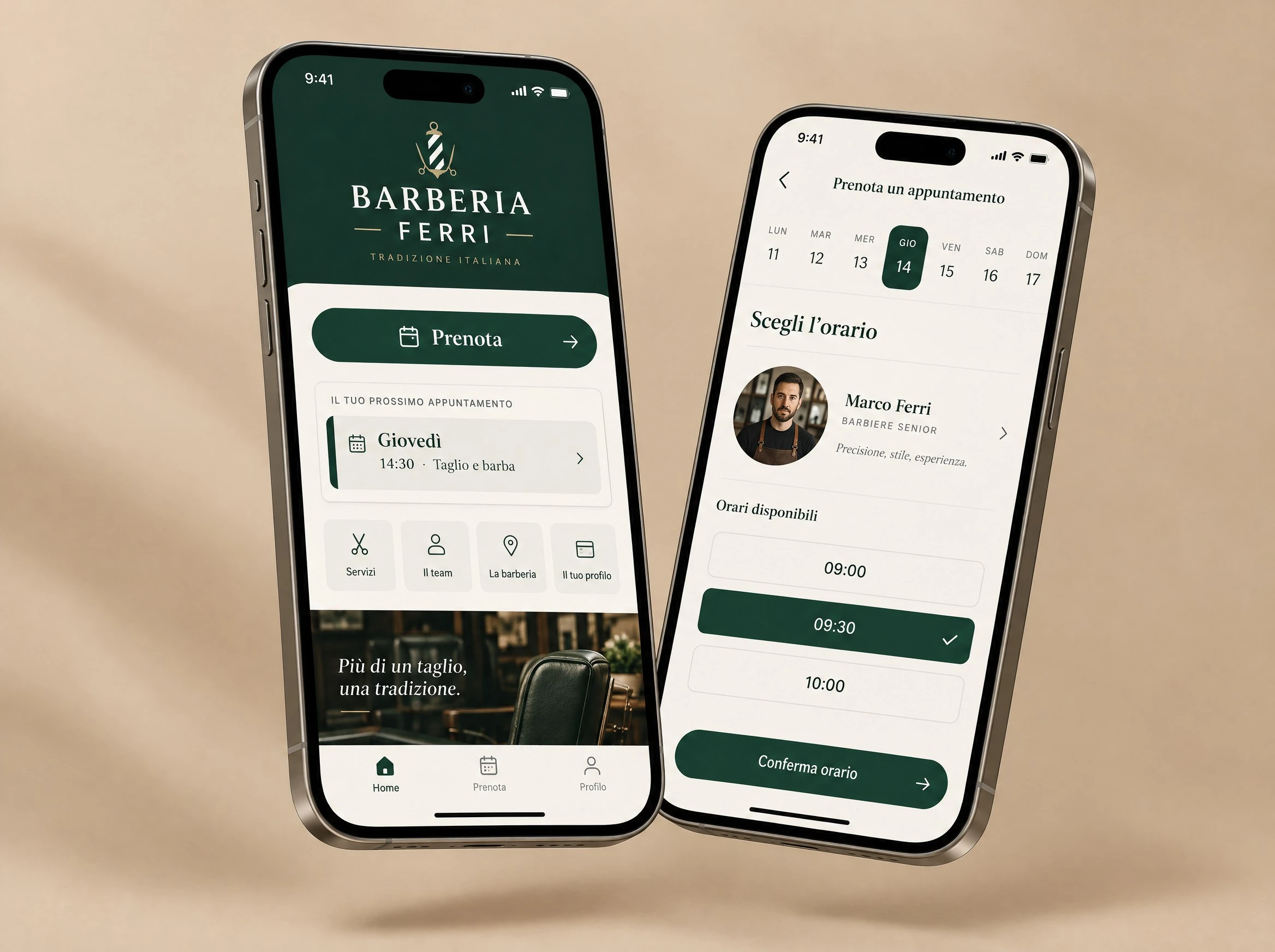 L'app della Barberia Ferri su due telefoni, con la home e la scelta dell'orario
