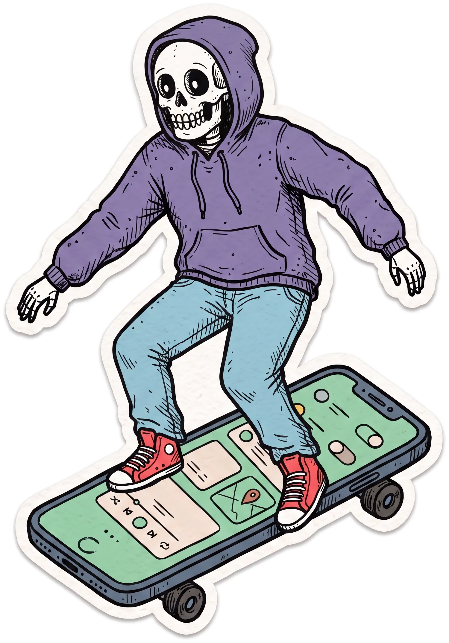 Scheletro in felpa viola e jeans che va sullo skate fatto con uno smartphone