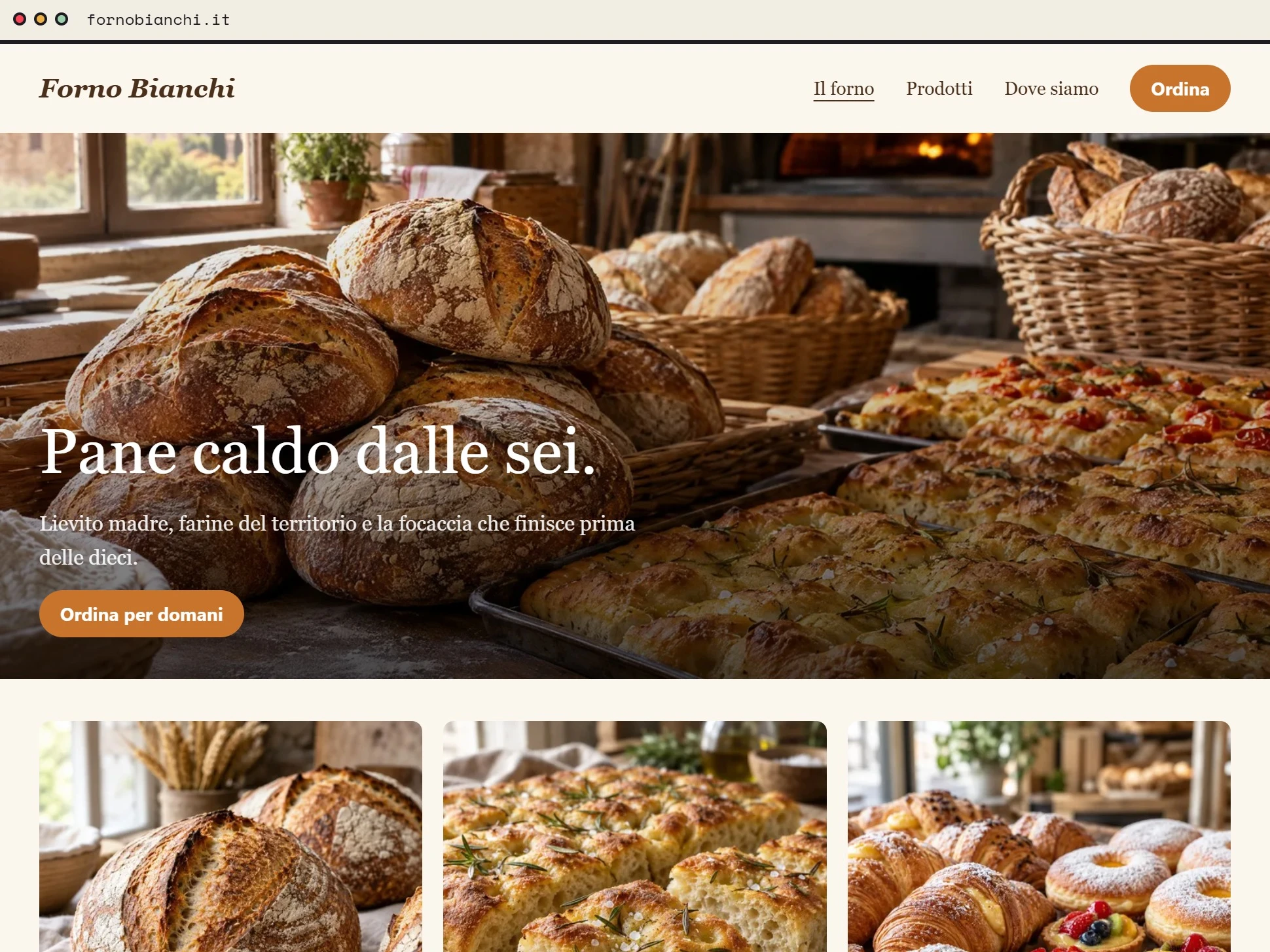 La home del sito del Forno Bianchi, con la foto del bancone e i prodotti