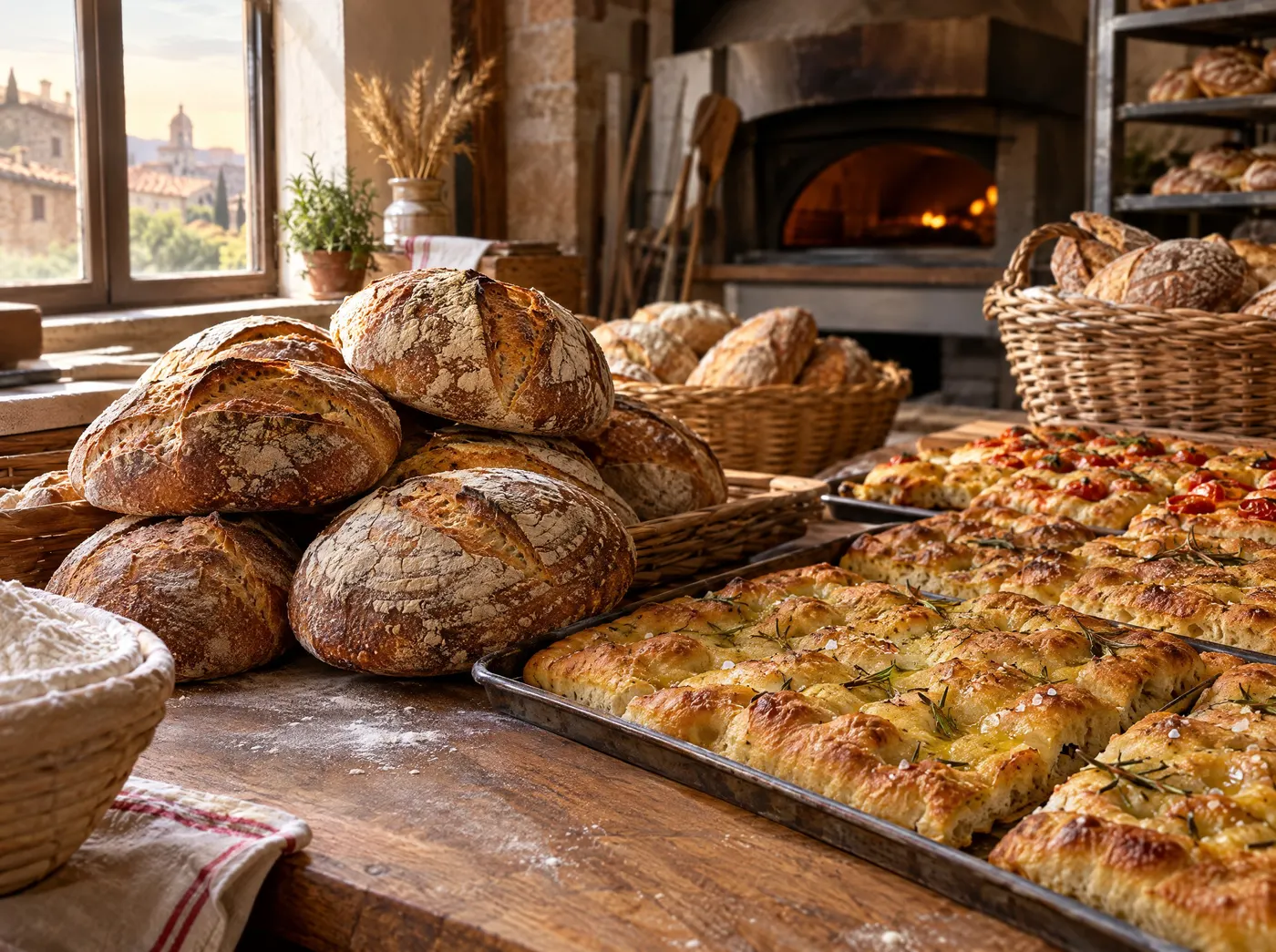 Il bancone del forno con pane e focacce appena sfornati