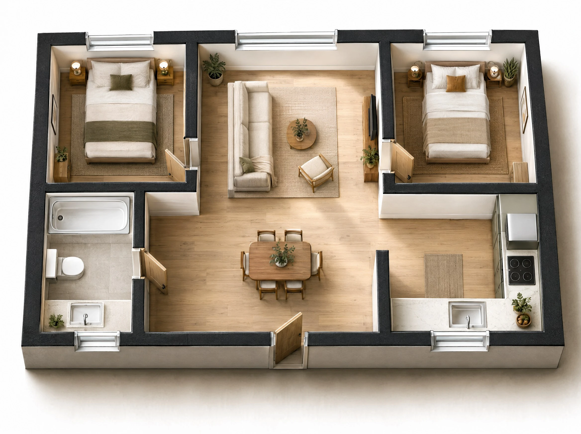 Un appartamento con due camere visto dall'alto in 3D, arredato