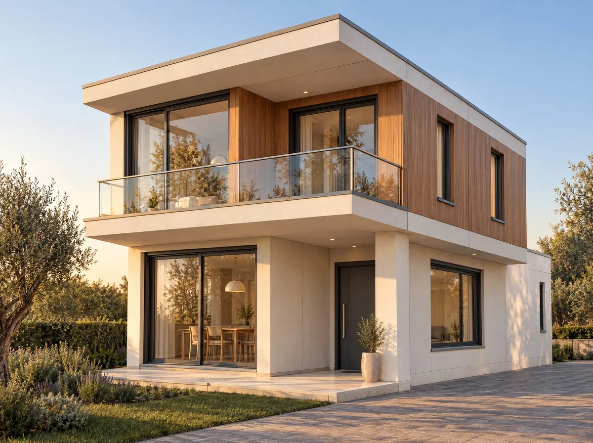 La stessa casa resa come una fotografia, con legno, vetro, giardino e luce del tramonto
