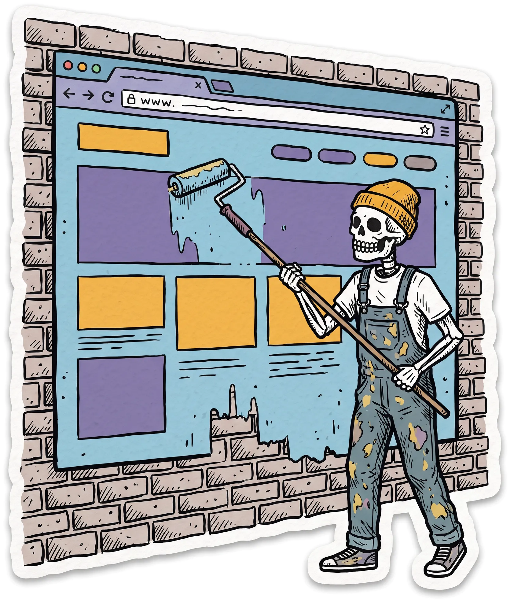 Scheletro col berretto senape che dipinge la finestra di un browser su un muro di mattoni